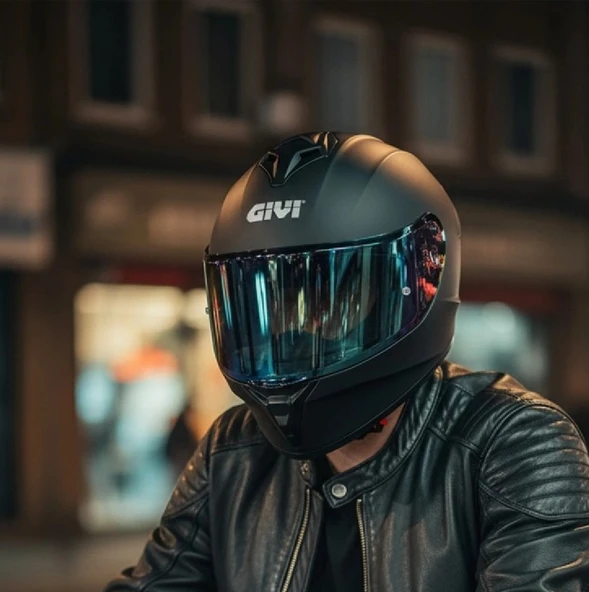 Givi 50.x Mat Siyah Kapalı Motosiklet Kaskı Spectra Mavi Camlı ürün görseli 1