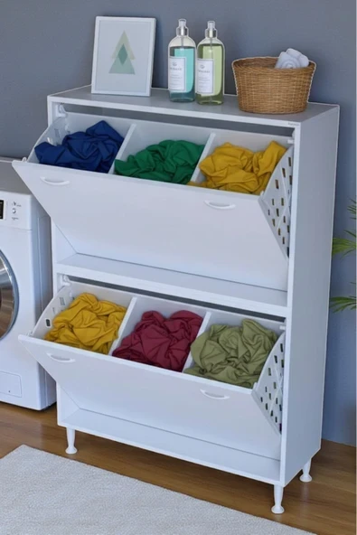 Veluna 95 cm Kirli Çamaşır Sepetli Dolap Banyo Dolabı Beyaz 95x138x32,5 cm 6 Sepetli Dolap