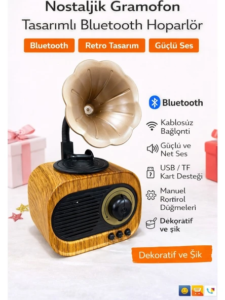 Spech Power Nostaljik Gramofon Tasarımlı Bluetooth Hoparlör Retro Ahşap Görünümlü ürün görseli 1
