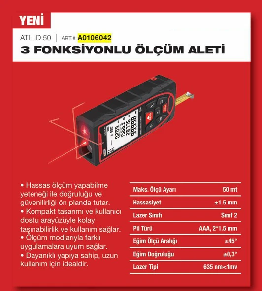 ATTLAS ATLLD 50 3 FONKSIYONLU ÖLÇÜM ALETI LAZER HIZALAMA+LAZER METRE+SERIT METRE) ürün görseli 1