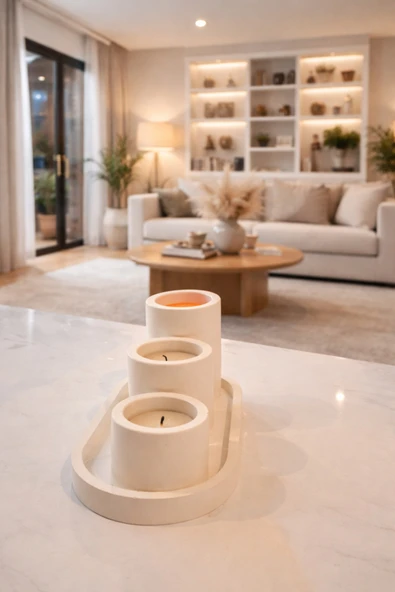 Minimal 3lü Dekoratif Mum Seti (Tepsi ve 3 Adet Tealight Mum Dahildir) ürün görseli 1