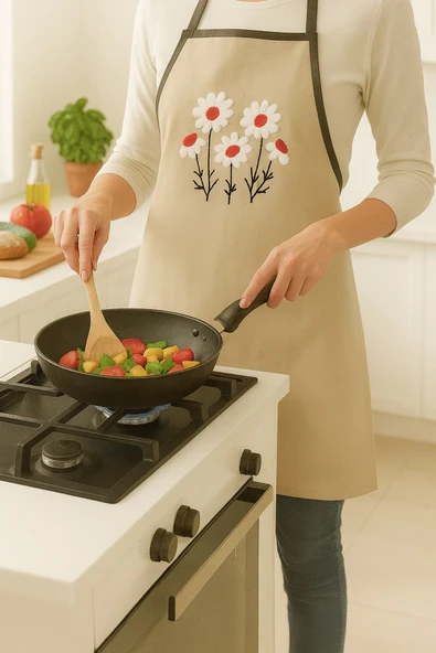 Papatya Desenli Nakışlı Keten Mutfak Önlüğü Yıkanabilir 1 Adet 50x70 cm Standart Beden ürün görseli 1