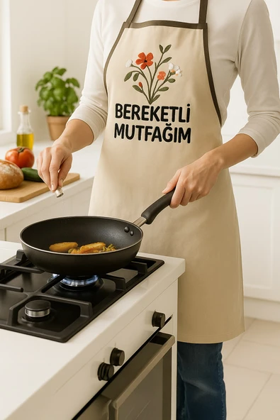 Bereketli Mutfağım Nakışlı Keten Mutfak Önlüğü Yıkanabilir 1 Adet 50x70 cm Standart Beden ürün görseli 1