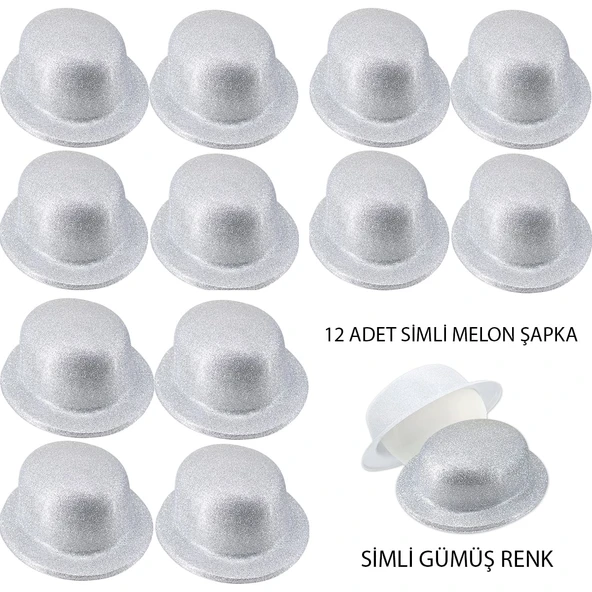 Gümüş Renk Simli Melon Yuvarlak Parti Şapkası 12 Adet ürün görseli 1