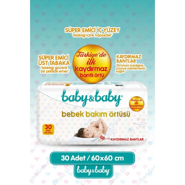 Baby & Baby Kaydırmaz Bantlı Bebek Bakım Örtüsü 30 Kullanım 60 x 60 cm ürün görseli 1
