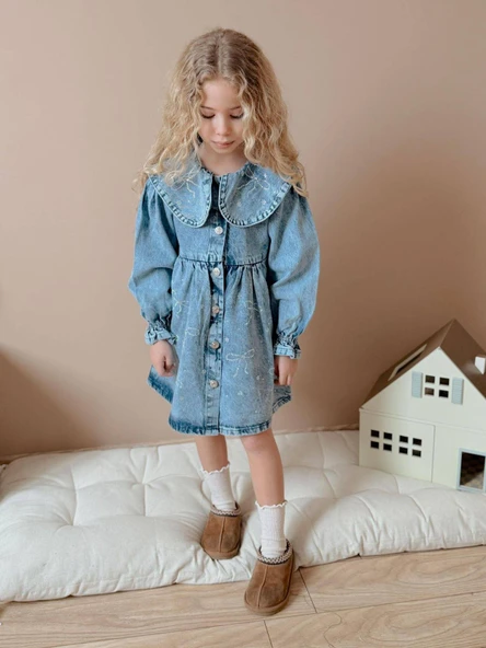 Cg Kids Fiyonk Taşlı İşlemeli Jean Kot Denim Elbise Kız Çocuk Süper Kalite ürün görseli 1