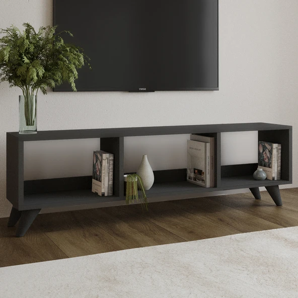 Tina TV Sehpası – 120 cm Açık Meşe Renkli, Retro Tarz Ahşap Ayaklı Minimal TV Sehpası  Antrasit ürün görseli 1