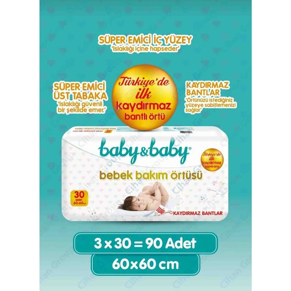 Baby&Baby Bebek Bakım Örtüsü Süper Emici Kaydırmaz Bantlı 60x60 cm 90 Adet ürün görseli 1
