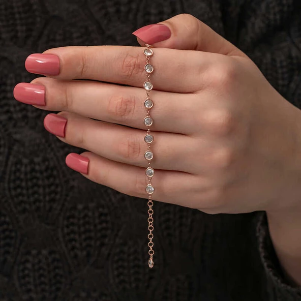 925 Ayar Gümüş Rose Beyaz Taşlı Kadın Bileklik ürün görseli 1