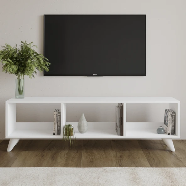 Tina TV Sehpası – 120 cm Açık Meşe Renkli, Retro Tarz Ahşap Ayaklı Minimal TV Sehpası  Beyaz ürün görseli 1