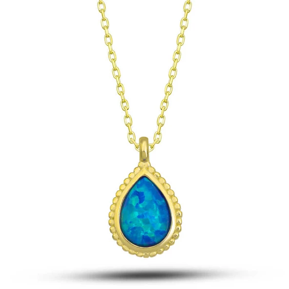 925 Ayar Gümüş Gold Damla Mavi Opal Taşlı Kadın Kolye ürün görseli 1