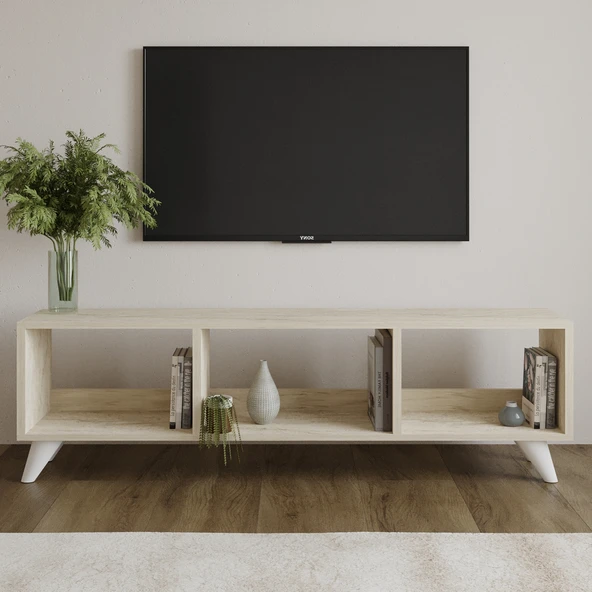 Tina TV Sehpası – 120 cm Açık Meşe Renkli, Retro Tarz Ahşap Ayaklı Minimal TV Sehpası  Traverten ürün görseli 1