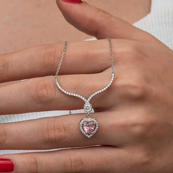 Gümüş Pembe Zirkon Taşlı Kalp Kadın Kolye ürün görseli 1