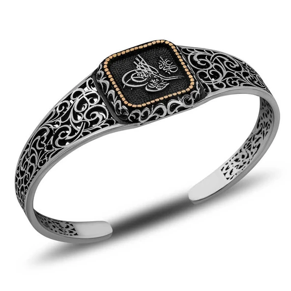 Gümüş Tuğra Ayarlanabilir Kelepçe Erkek Bileklik ürün görseli 1