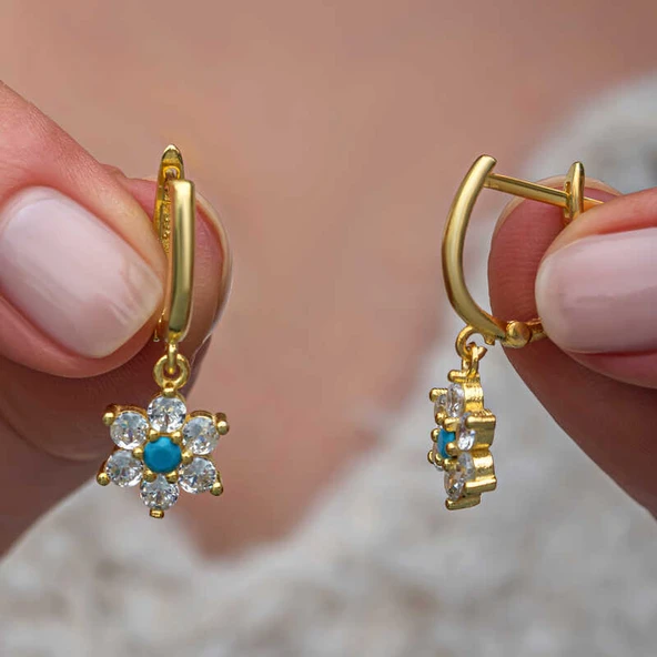 Gümüş Mavi Taşlı Gold Çiçek Kadın Küpe ürün görseli 1