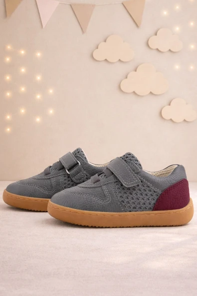 Rakerplus Bob Hakiki Deri Gri Bordo Barefoot Cırtlı Lastikli Bebek Sneaker Ayakkabı ürün görseli 1