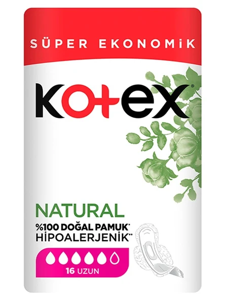 Kotex Natural Uzun Ped 16 Adet Hipoalerjenik %100 Pamuklu Nefes Alabilen Yüzey ürün görseli 1
