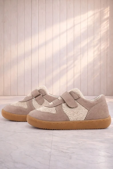 Rakerplus Bob Hakiki Deri Krem Kum Pofuduk Barefoot Cırtlı Lastikli Bebek Sneaker Ayakkabı ürün görseli 1