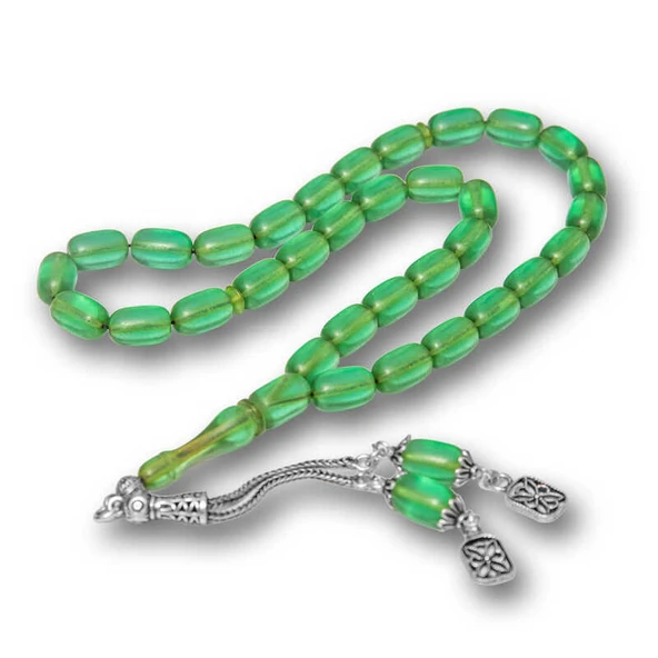 Gümüş Püsküllü Kapsül Kesim Sıkma Kehribar Tesbih ürün görseli 1