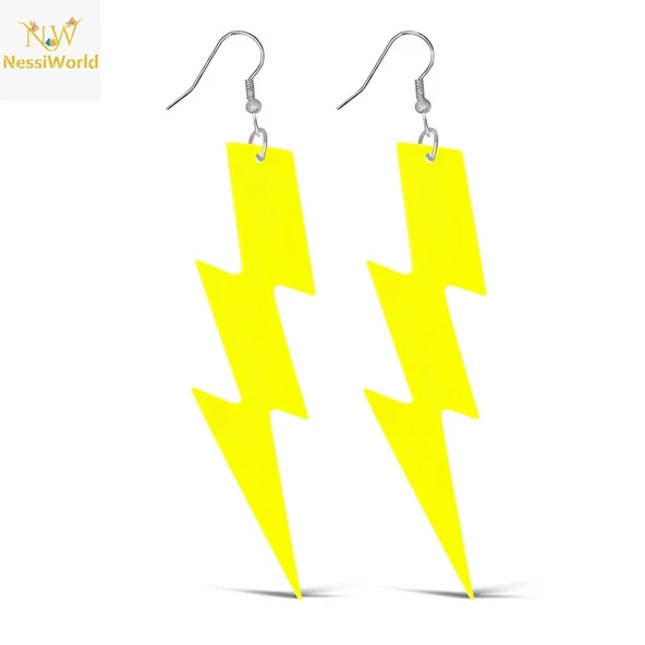 80’ler 90'lar Retro Neon Sarı Şimşek Küpe 10 cm ürün görseli 1