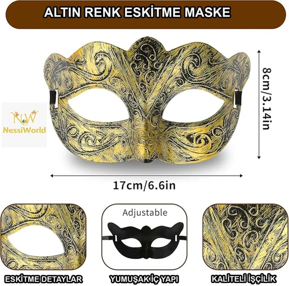Altın Renk Eskitme Maskeli Balo Maskesi – Venedik Tarzı Parti Maskesi ürün görseli 1