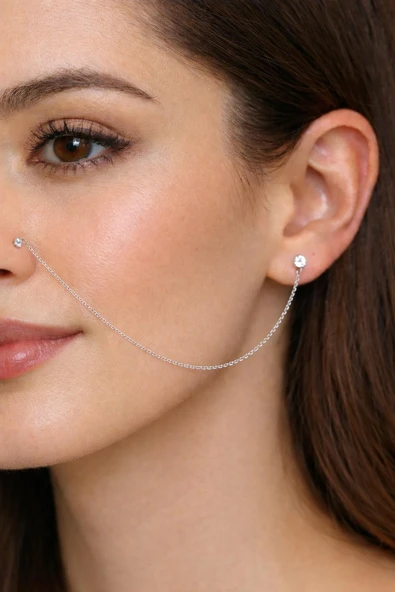 Gümüş Zincirli Burun Piercingi Küpe - Resim 5