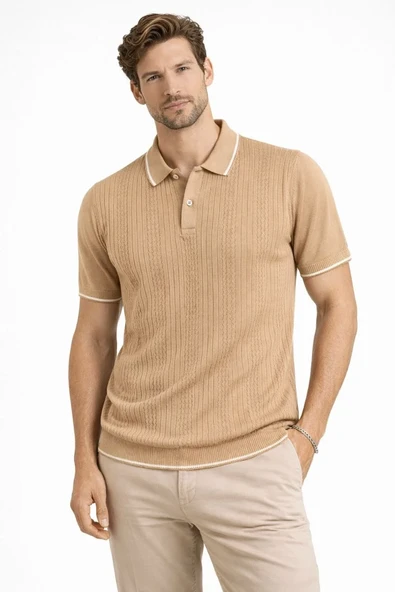 Erkek Polo Yaka Düğmeli Triko Tişört Yazlık Dokuma Regular Fit T-Shirt - Kahverengi ürün görseli 1