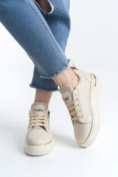 Krem Altın Bağcıklı Fermuarlı Kadın Sneaker ürün görseli 1