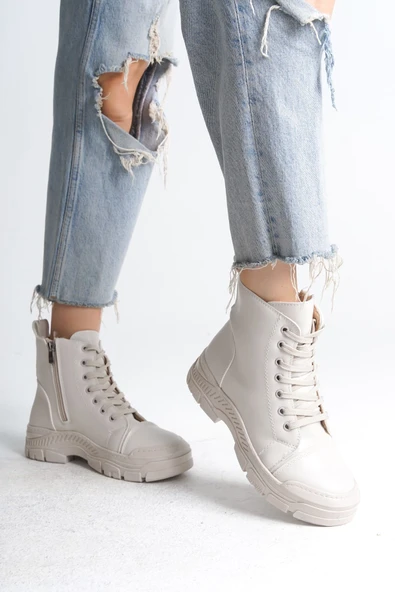 Krem (Krem Taban) Bağcıklı Fermuarlı Kadın Sneaker Bot ürün görseli 1