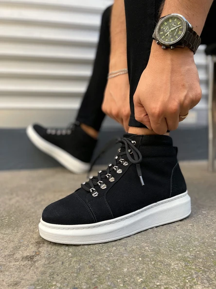 Siyah Süet (Beyaz Taban) Bağcıklı Erkek Sneaker Bot ürün görseli 1