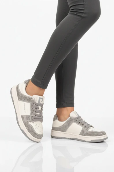 Beyaz Füme Bağcıklı Taş İşlemeli Kadın Sneaker ürün görseli 1