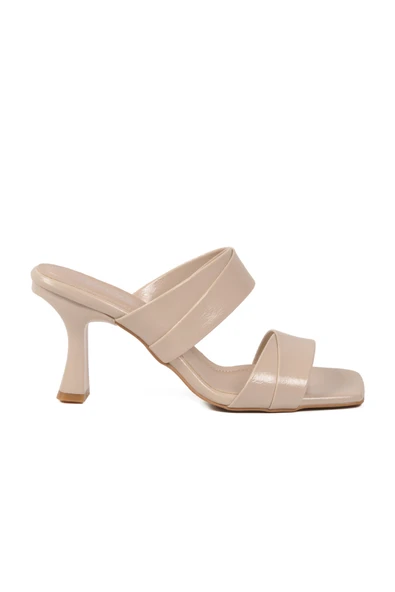Bej Çift Bantlı Kadın Topuklu Terlik - Resim 2
