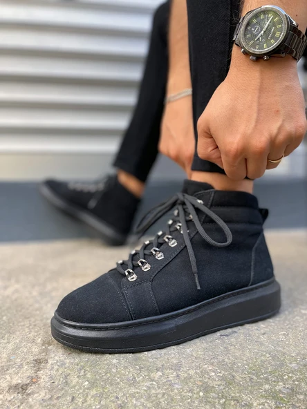 Siyah Süet (Siyah Taban) Bağcıklı Erkek Sneaker Bot ürün görseli 1