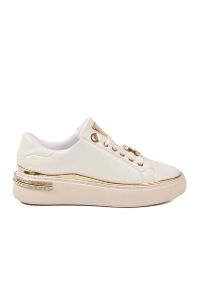 Beyaz Bağcıklı Taş İşlemeli Kadın Sneaker - Resim 2