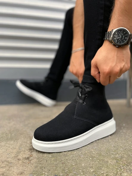 Siyah Süet (Beyaz Taban) Bağcıklı Erkek Sneaker Bot ürün görseli 1