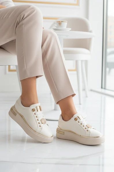Beyaz Bağcıklı Taş İşlemeli Kadın Sneaker - Resim 3