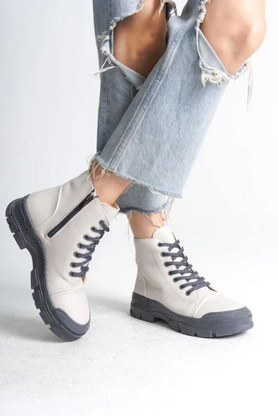 Krem (Gri Taban) Bağcıklı Fermuarlı Kadın Sneaker Bot ürün görseli 1
