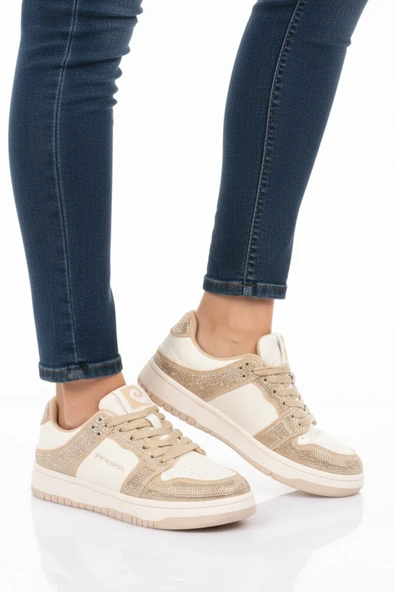 Beyaz Bej Bağcıklı Taş İşlemeli Kadın Sneaker ürün görseli 1