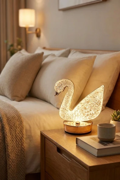 Plentiful Kuğu Model Kristal LED Masa Lambası – Dokunmatik, 3 Renk Işık Modlu, Şarjlı Mini Dekoratif G ürün görseli 1