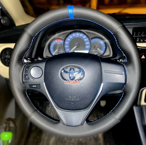 DİKİŞLİ DİREKSİYON KILIFI NOKTA SİYAH DERİ MAVİ YÜZÜK / DİKİŞ TOYOTA COROLLA 2002-2026 ARASI ürün görseli 1