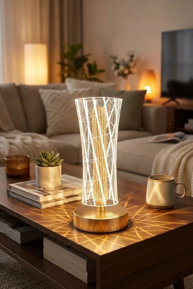 Plentiful Silindirik Kristal Çizgi Model LED Masa Lambası – Gold Tabanlı, Dokunmatik, 3 Renk Işık Modl ürün görseli 1