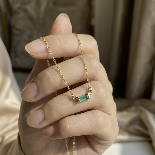 925 Ayar Gümüş Baget Taşlı Kolye  Minimalist Kadın Kolyesi, 14 Ayar Altın Kaplama Gold Silver Rose Gold Zarif Baguette Necklace Günlük Şık Takı ürün görseli 1