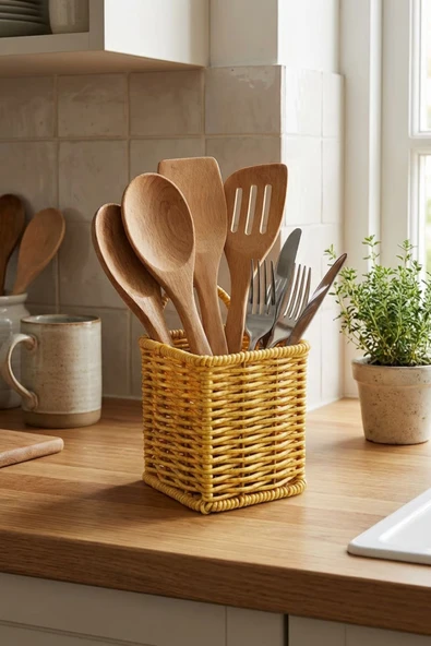 Plentiful Kare Hasır Dokulu Plastik Rattan Kaşıklık & Çatallık – Askılı Kendiliğinden Tutmalı Çok Amaç ürün görseli 1
