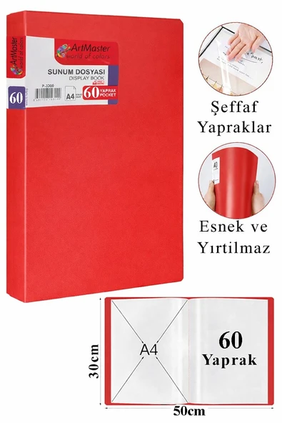 Kırmızı Sunum Dosyası 60 lı 1 Adet Poşet Dosyalı Katalog Dosyası 60 Poşetli Kendinden Dosya Plastik Kapaklı ürün görseli 1