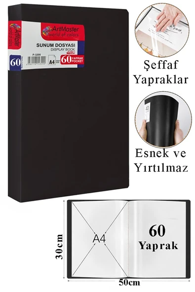 Siyah Sunum Dosyası 60 lı 1 Adet Poşet Dosyalı Katalog Dosyası 60 Poşetli Kendinden Dosya Plastik Kapaklı ürün görseli 1
