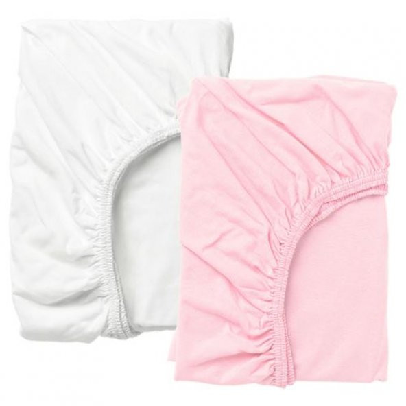 2 Li Lastikli Çarşaf Seti IKEA 60x120 Cm Bebek Odası Pamuklu Lastikli Çarşaf Pembe-Beyaz ürün görseli 1