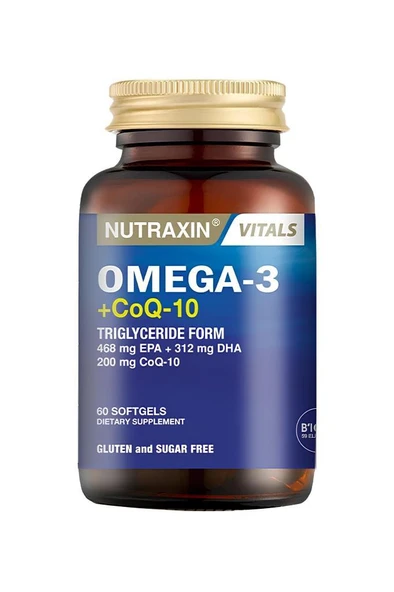 Nutraxin Omega-3+CoQ-10 468mg EPA + 312 MG DHA + 200mg CoQ-10 60softgels ürün görseli 1