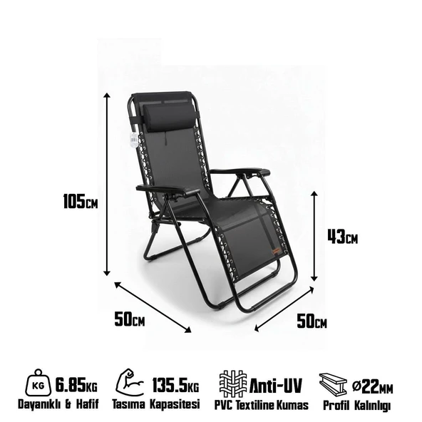 Madfox EasyRest Katlanır Şezlong Sandalye SİYAH - Resim 5