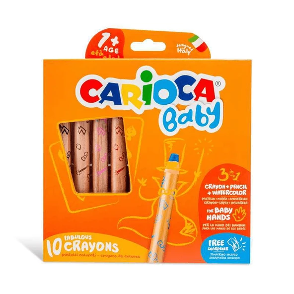 Carioca Jumbo Bebek Ahşap Gövde Kuru Boya Kalemi 10 Renk Kalemtraş Hediyeli 42818 ürün görseli 1