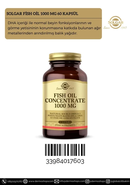 SOLGAR FISH OIL CONCENTRATE 1000 MG YUMUŞAK KAPSÜL, BALIK YAĞI KONSANTRESİ İÇEREN TAKVİYE EDİCİ GIDA 60 kapsül ürün görseli 1